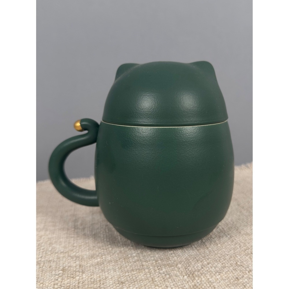 TangPin Cat Mug with Lid Dark Green Gold Accent Tea Mug Missing Infuser - Picture 2 of 6